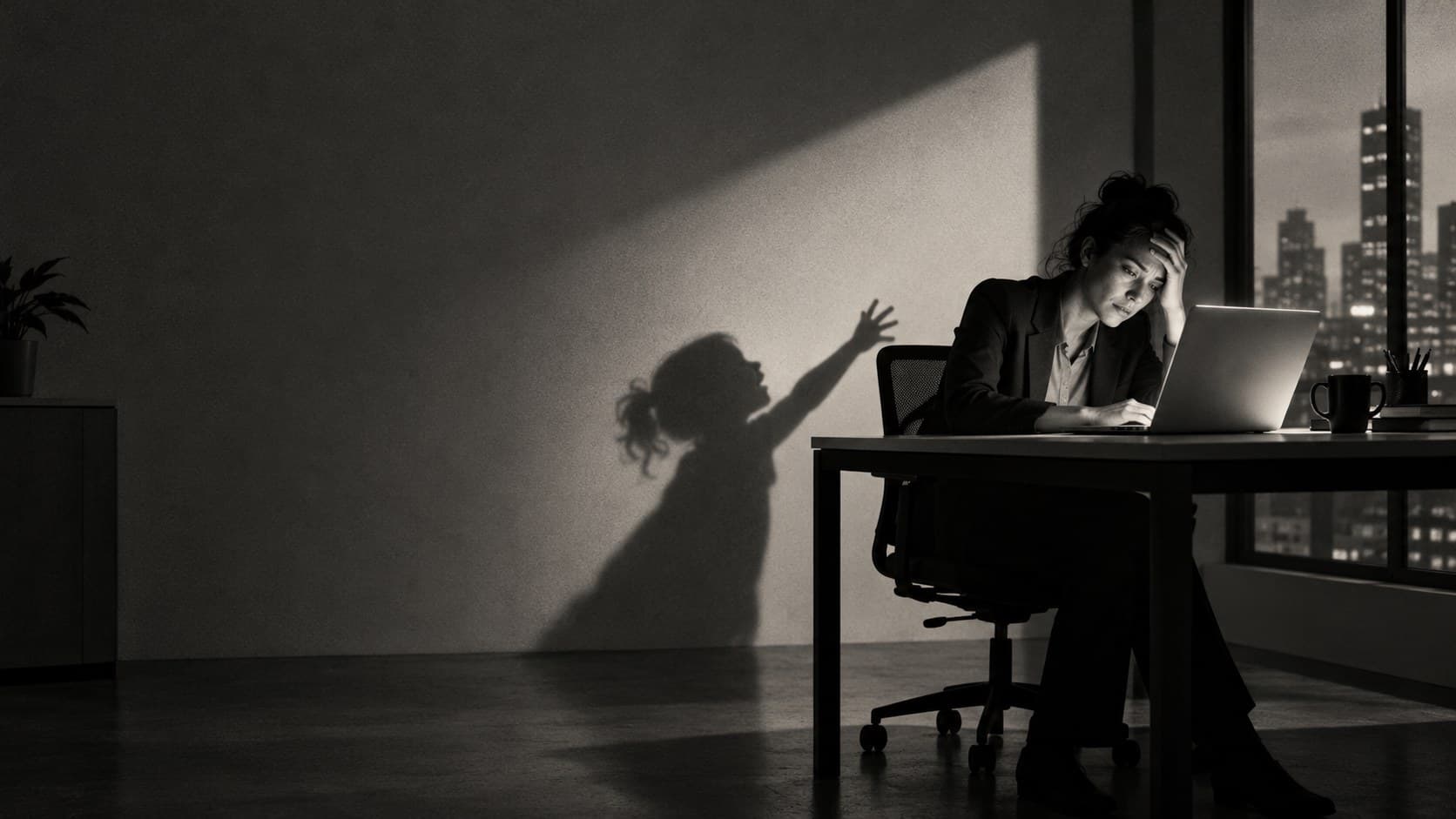 A tired professional at a laptop late at night, while her shadow on the wall is a curious child reaching toward the screen