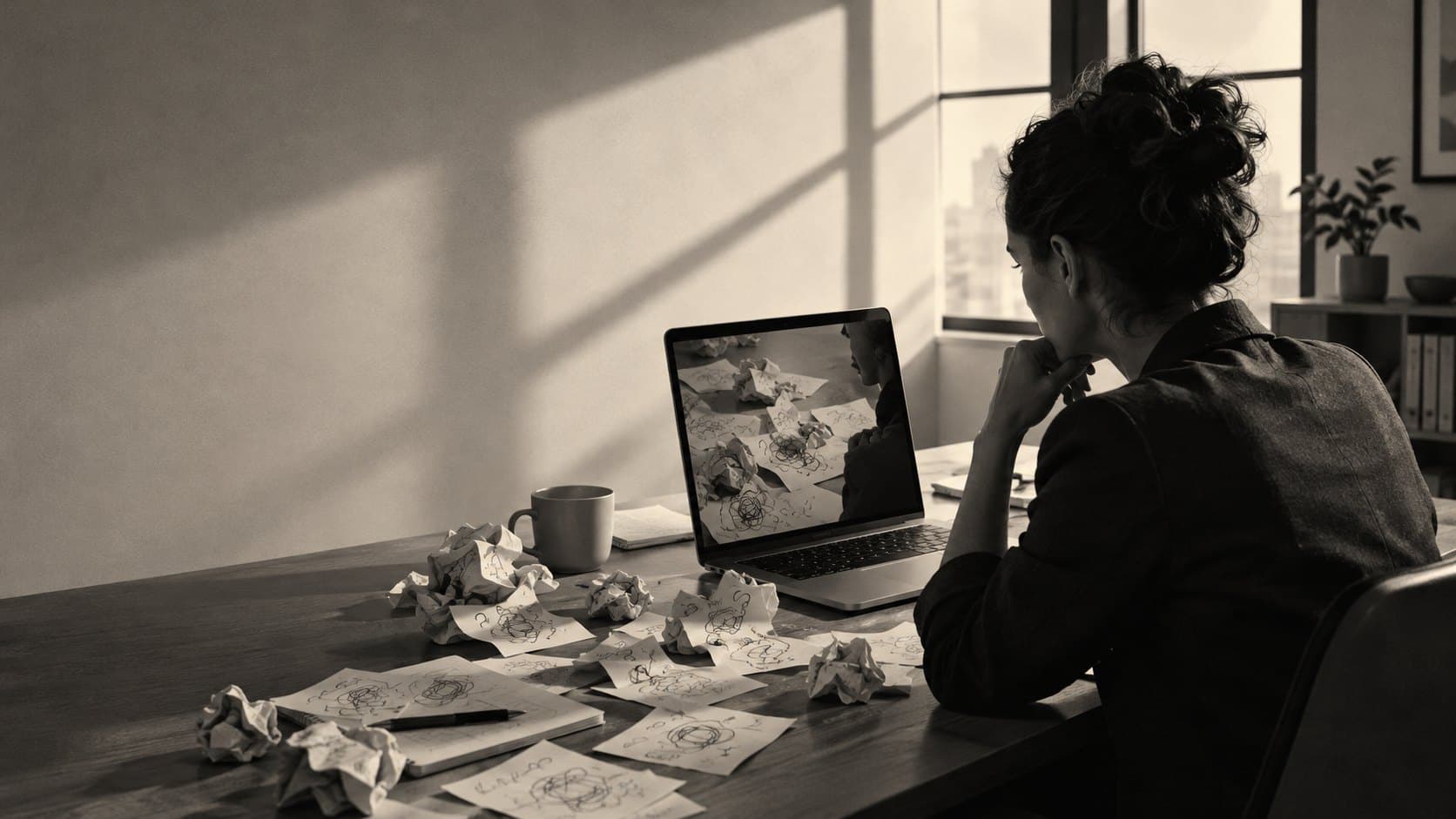 A professional at a desk covered in crumpled, scribbled sticky notes, looking at a laptop screen that reflects the same mess back